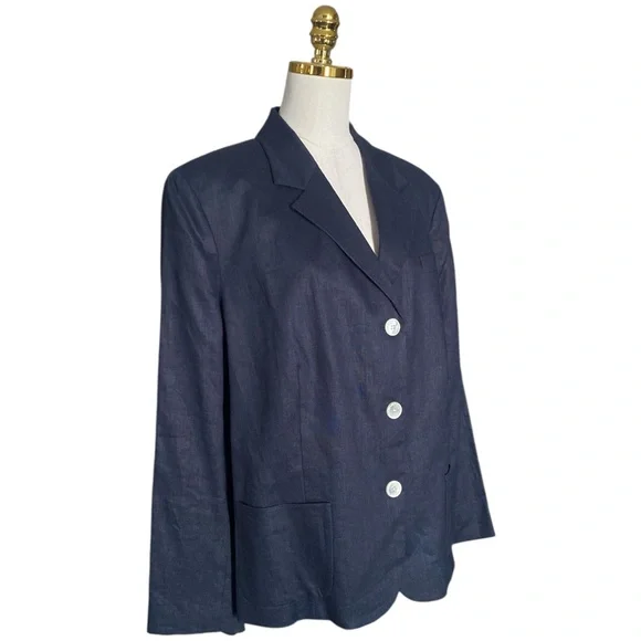 Ralph Lauren Vintage 90s 100% Linen Minimalist Preppy Navy Blazer Women 22W - Picture 2 of 6